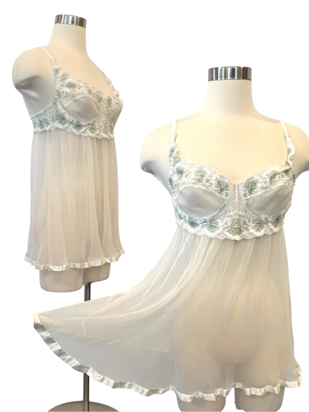 1998 Victoria’s Secret Sheer Chiffon Cream Sage Bridal Vintage Babydoll Slip 34C